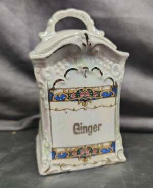 ANTIQUE GERMAN LUSTREWARE GINGER SPICE JAR GOLD TRIM OPALESCENT PORCELAIN